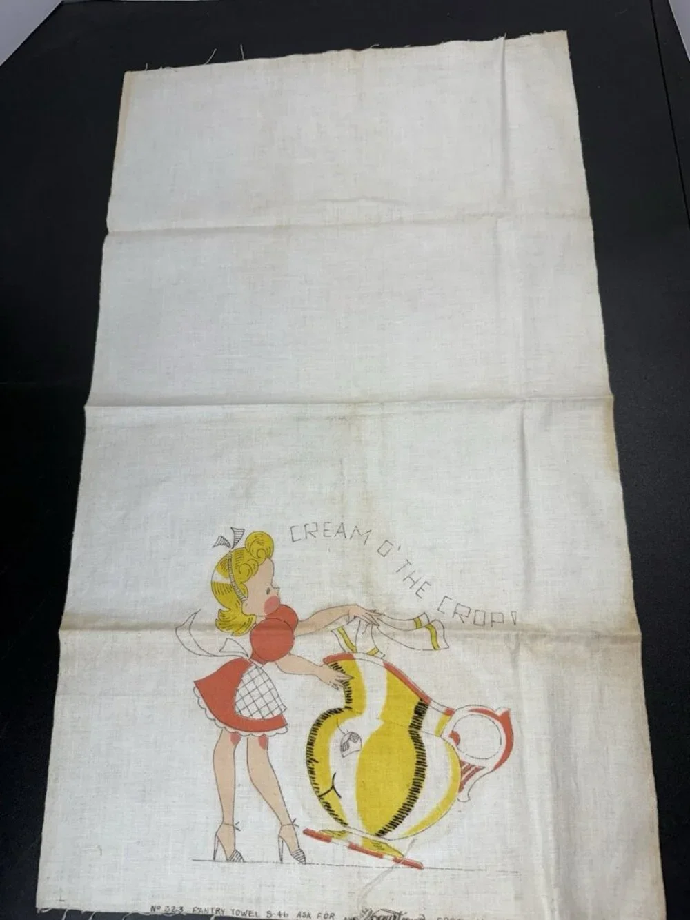 Vintage Vogart Pantry Towel Printed Embroidery Girl Cream O’ The Crop 1950s